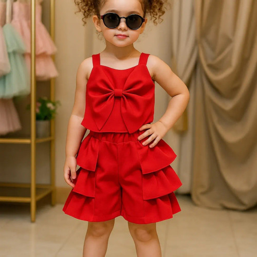 ست جذاب تاپ پاپیونی و شلوارک چین دار دخترونه جنس سوپر مازراتی