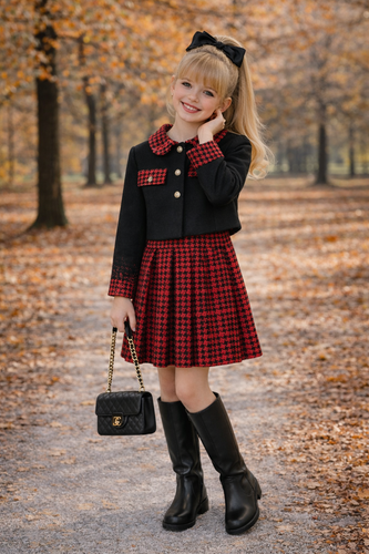 ست کت و دامن دخترانه با یقه ب ب و دامن پلیسه و جنس کشمیر